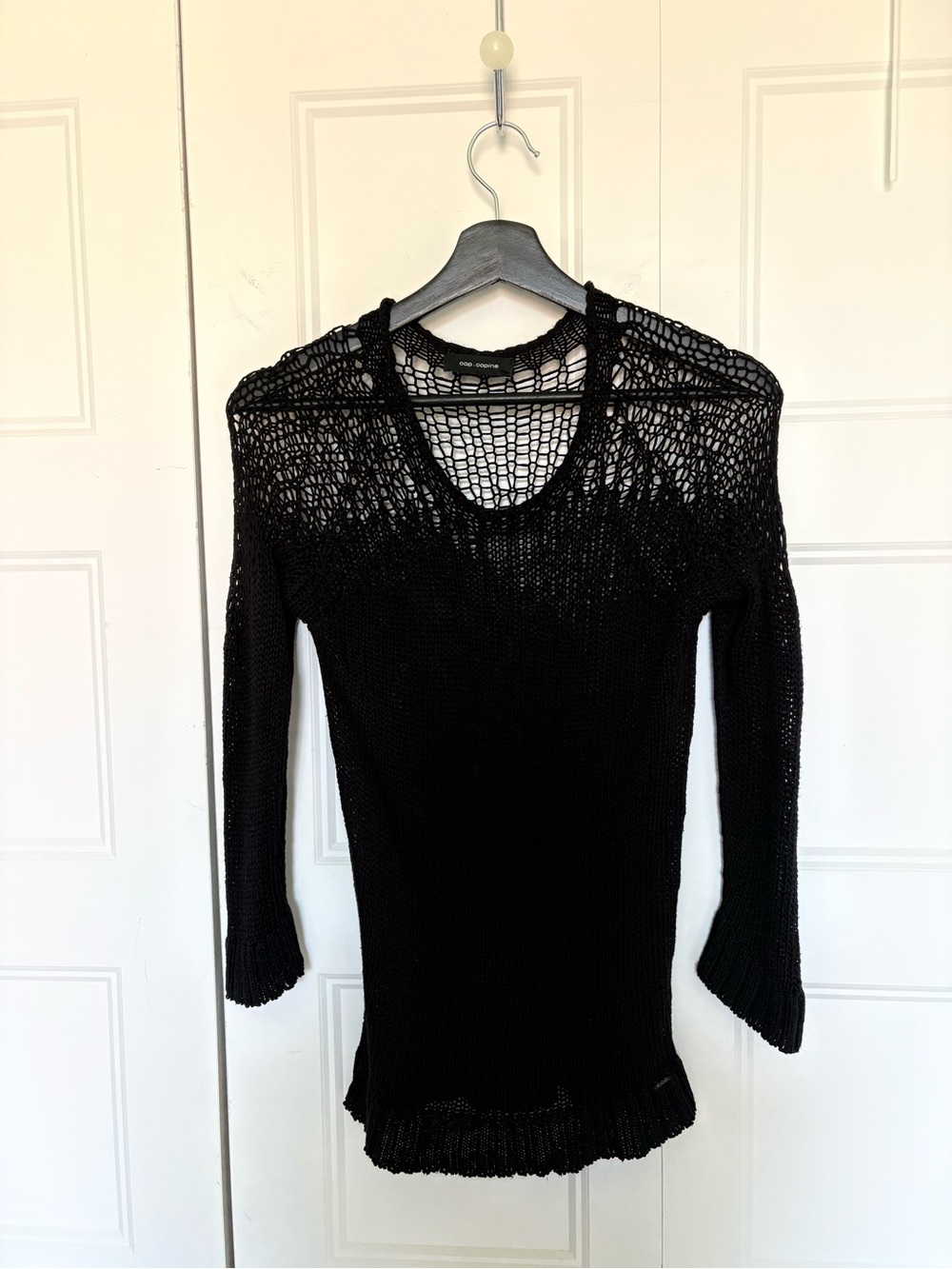 Cop Copine Black Open Knit Sweater Top Sheer Fishnet Mesh Yoke Y2K Goth